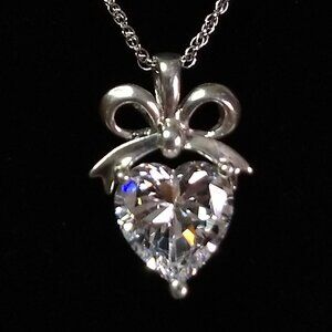 Sterling Heart Shaped Faceted Stone Bow Pendant Necklace Balletcore Soft Girl